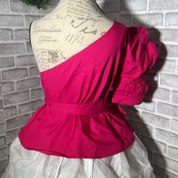 NWOT Women's One Shoulder Short Puff Sleeve Self Belted Solid Blouse Top - Picture 4 of 15